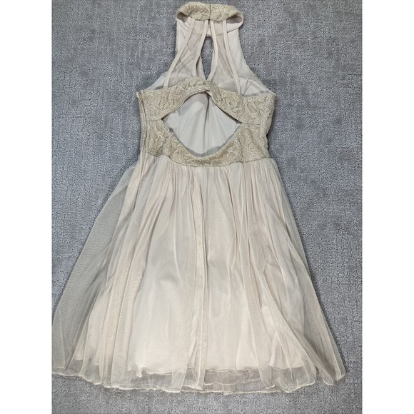 SPEECHLESS JUNIORS CHOKER KEY HOLE LACE &TULLE OPEN-BACK SHORT DRESS Beige Sz 3 - Picture 6 of 6